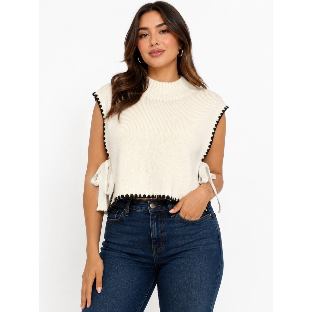 SHEIN Sweater Vest Women Small White Black Scallop Trim Side Tie Mock Neck‎ Knit